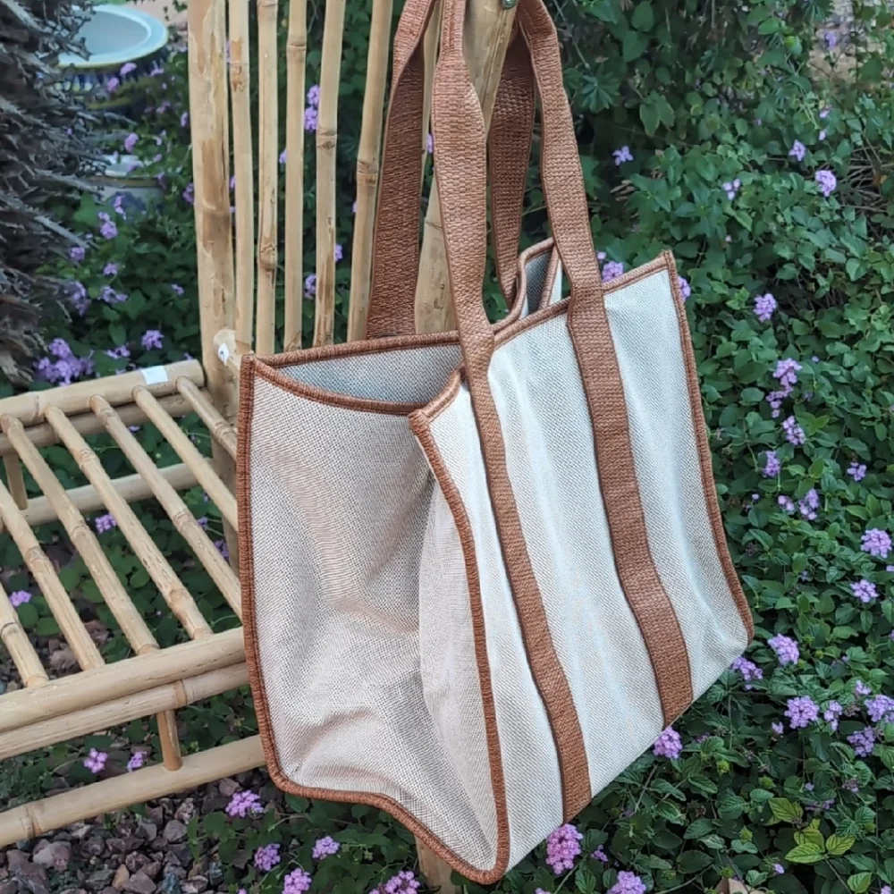 Brown and Cream Tote Bag with Tennis Racket Design